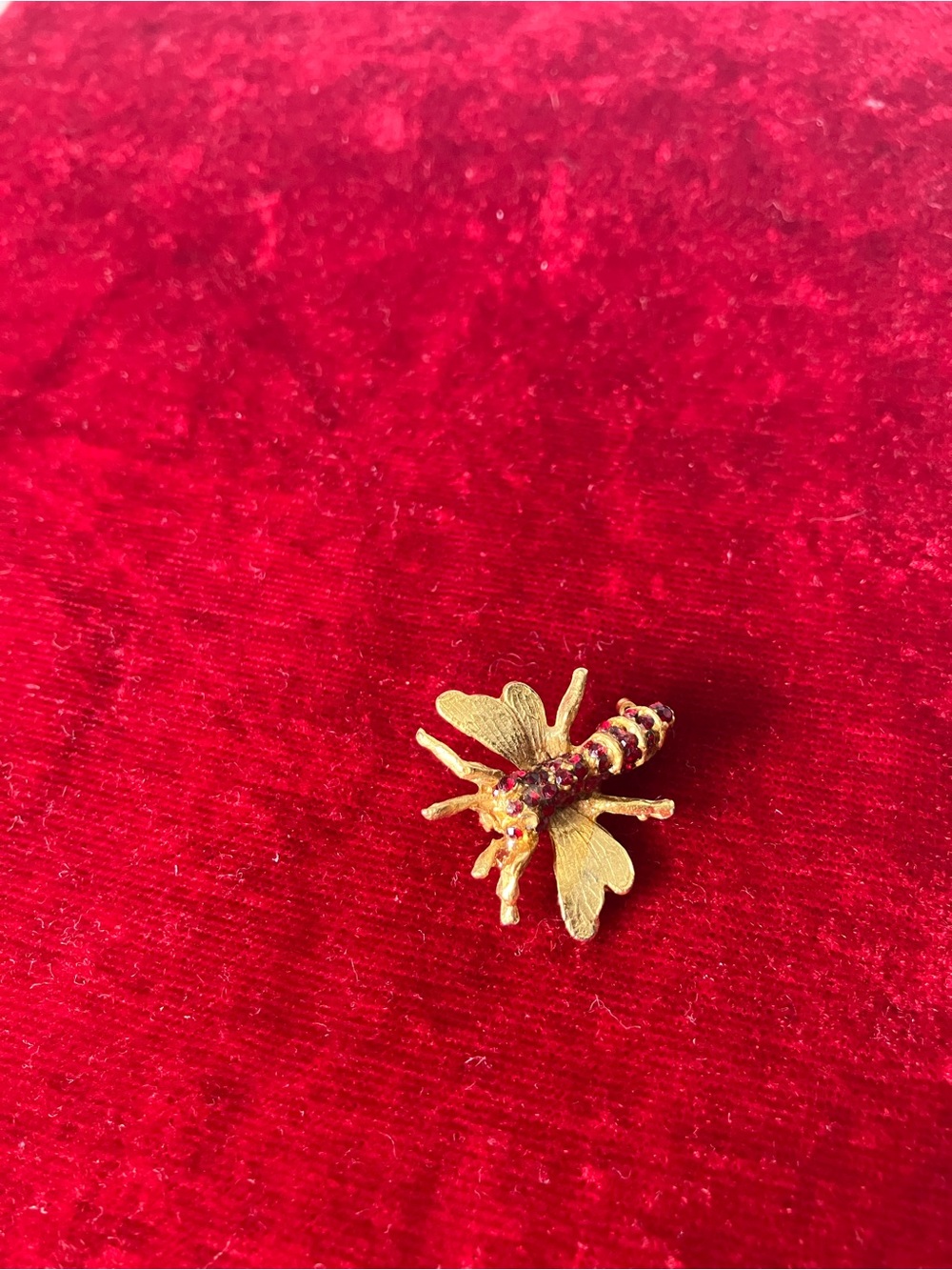 Les Bernard Pin Brooch Goldtone Red Rhinestone Winged Bug Moth Wasp